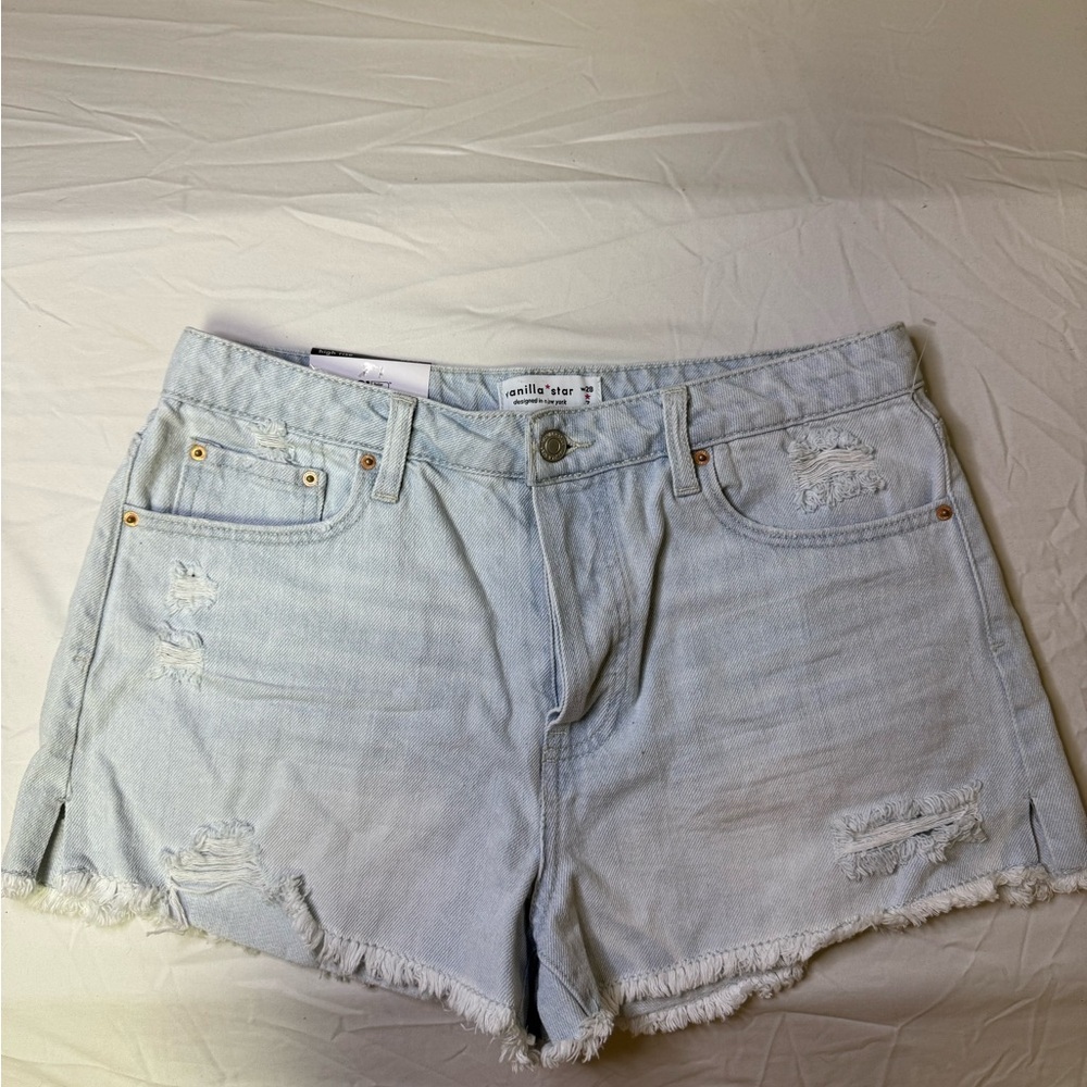 Vanilla Star High Rise Distressed Denim Shorts Light Wash Size 7